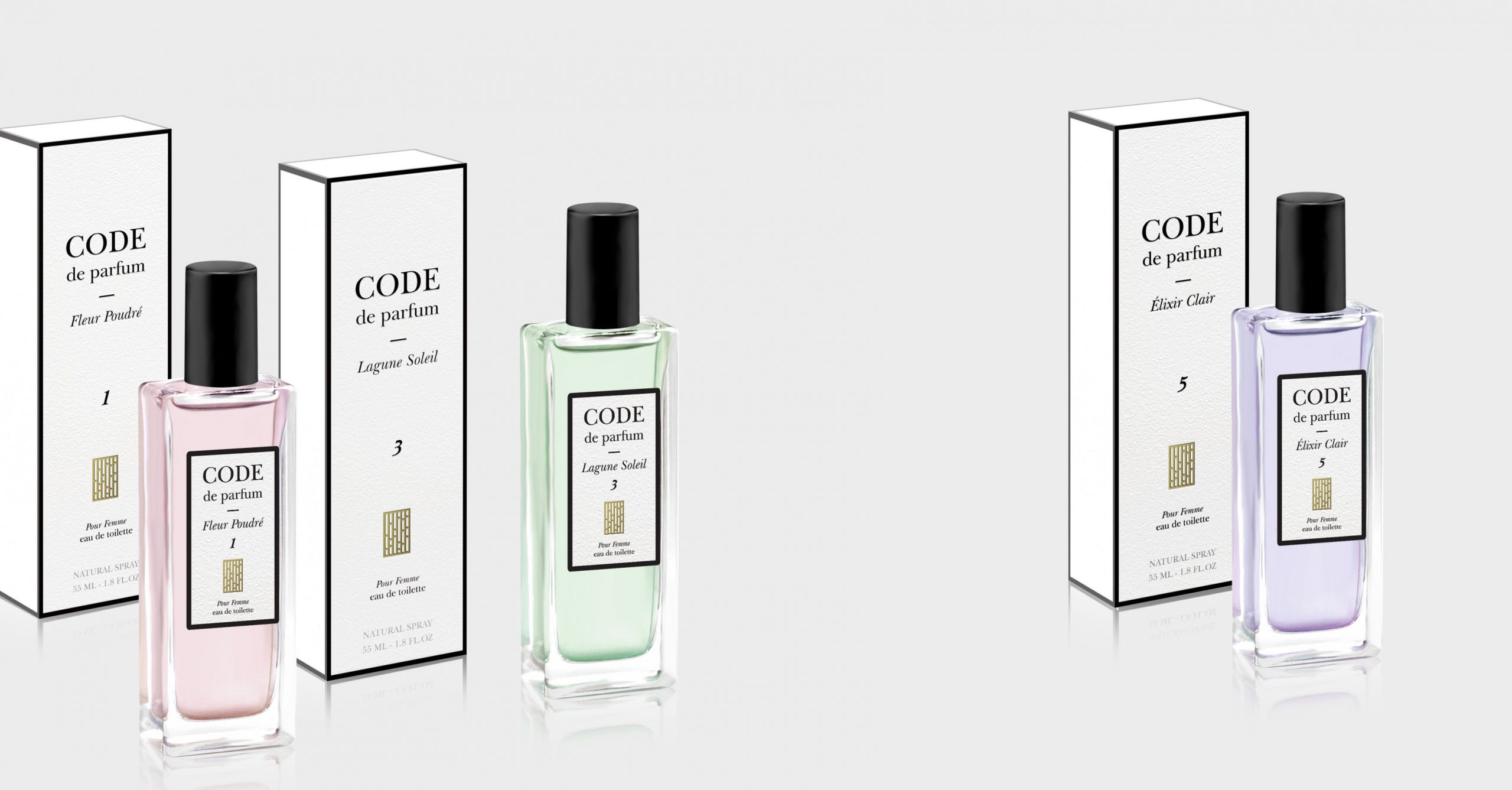 Code de parfum – fragrances series packaging design. By Color.zone creative agency.